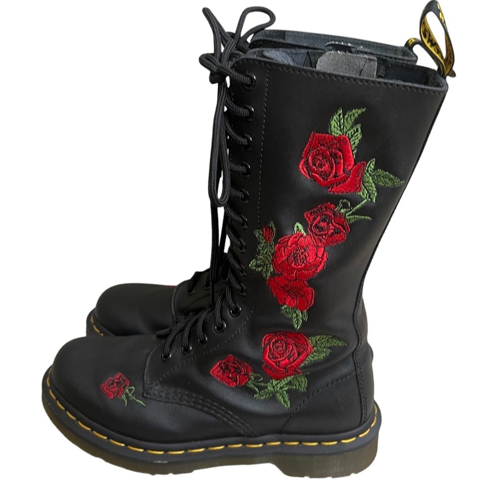 Dr Martens Sz 7  Vonda 1914 Black Leather Rose Floral Combat Boots 14-Eye lady